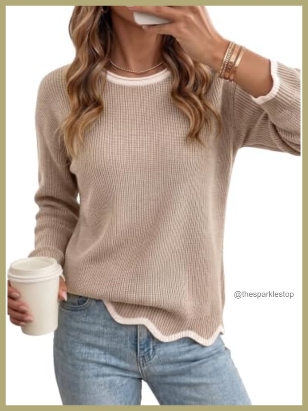 Scalloped Hem Crewneck Knit Pullover Sweater Long Sleeve